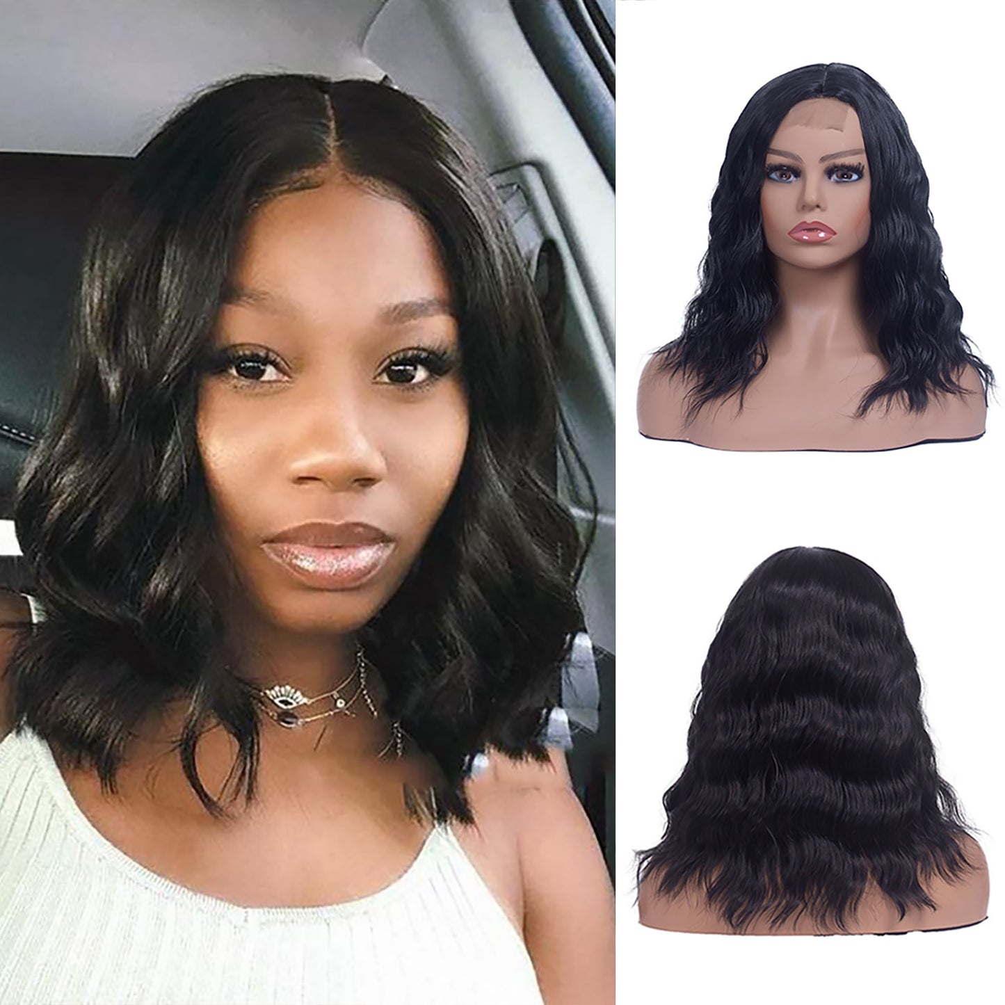 LINGDORA Black Middle Part Curly Short Wigs for Women