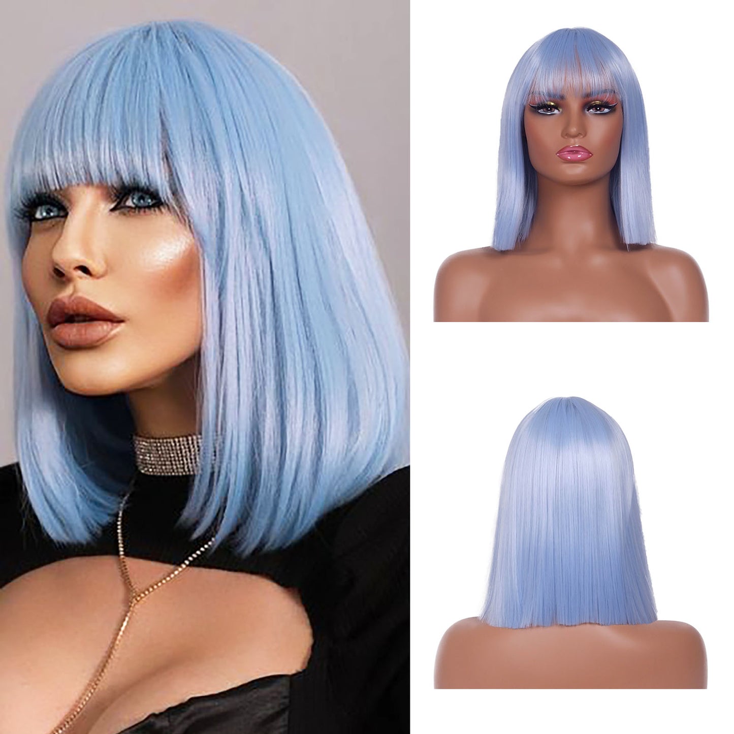 LINGDORA Light Blue Straight Short Wig with Bangs Cosplay
