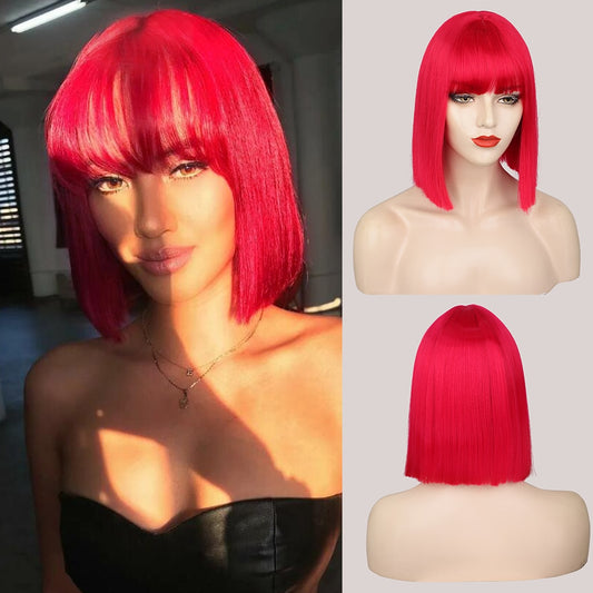 LINGDORA Straight Red Bob Wig with Bangs Synthetic Hair for Cosplay Lolita