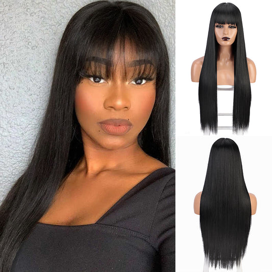 LINGDORA Black Long Straight Wig With Bangs for Women Daily Use Cosplay