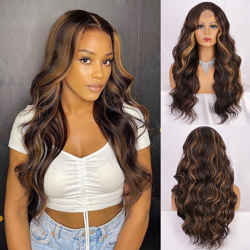 LINGDORA Ombre Blonde Brown Synthetic Long Body Wave Wigs Cosplay Party