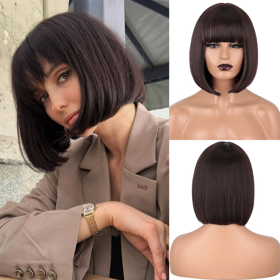 LINGDORA Short Bob Wig with Bangs Synthetic Black Wigs for Women