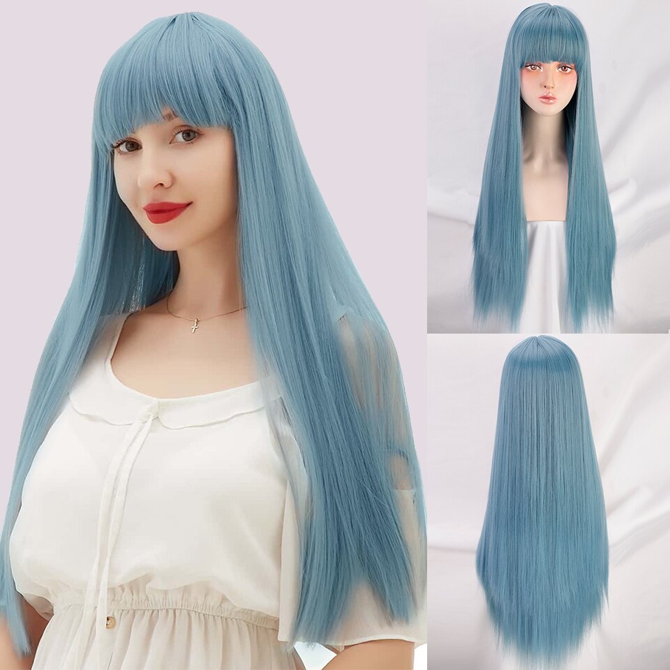 LINGDORA Cosplay Synthetic Long Straight Grey Wig with Bangs