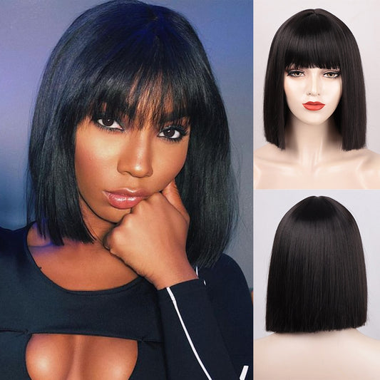 LINGDORA Short Straight Black Wig with Bangs Bob Wigs for Women