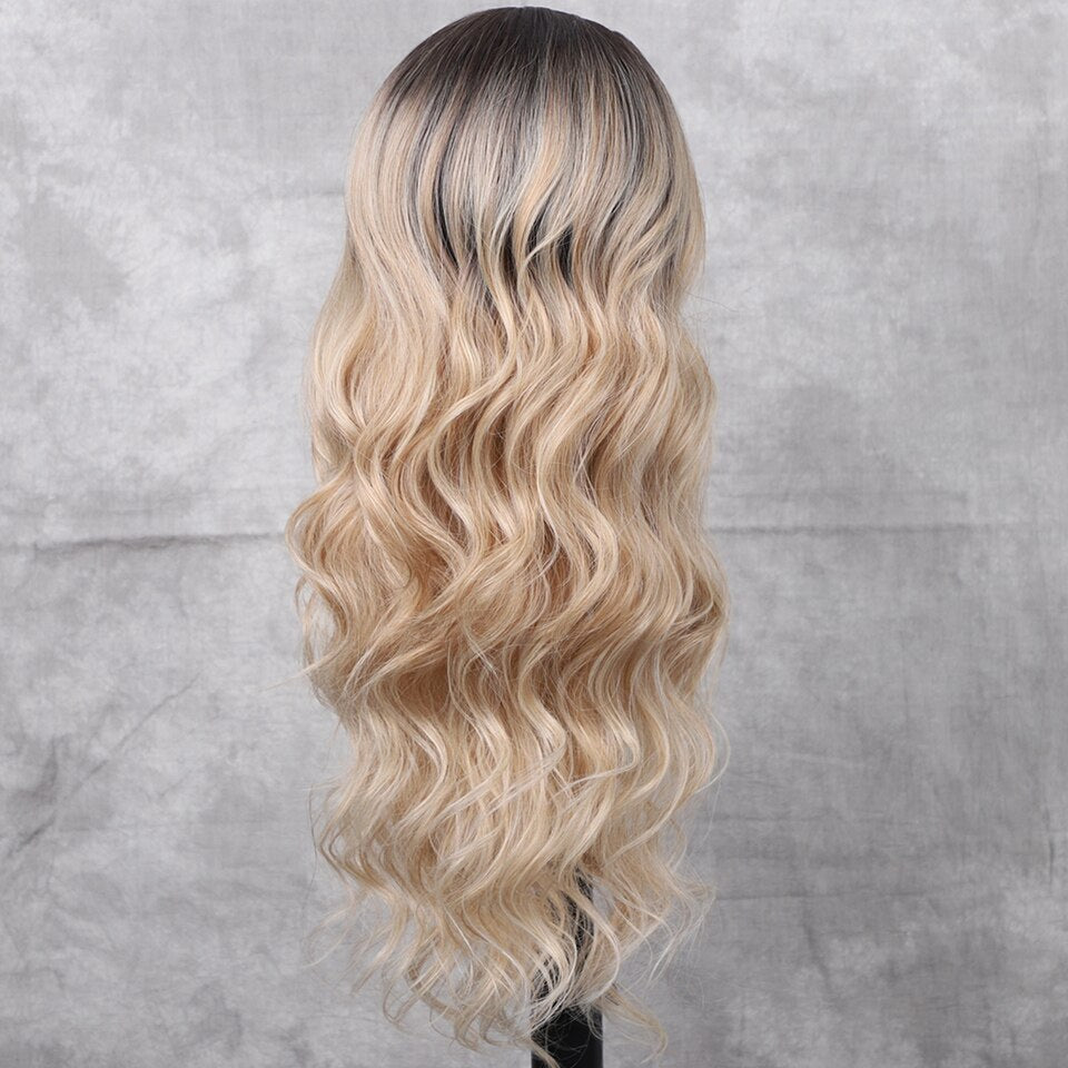 LINGDORA Ombre Blonde Long Curly Wavy Wigs Middle Part Daily Use