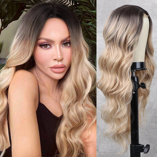 LINGDORA Ombre Blonde Long Curly Wavy Wigs Middle Part Daily Use
