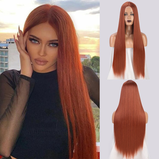 LINGDORA Synthetic Long Straight Copper Ginger Wigs