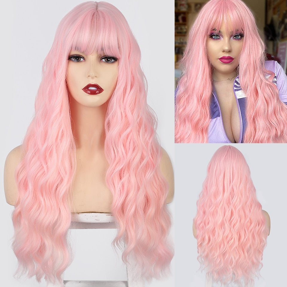 LINGDORA Water Wave Synthetic Long Red Wigs with Bangs for Women