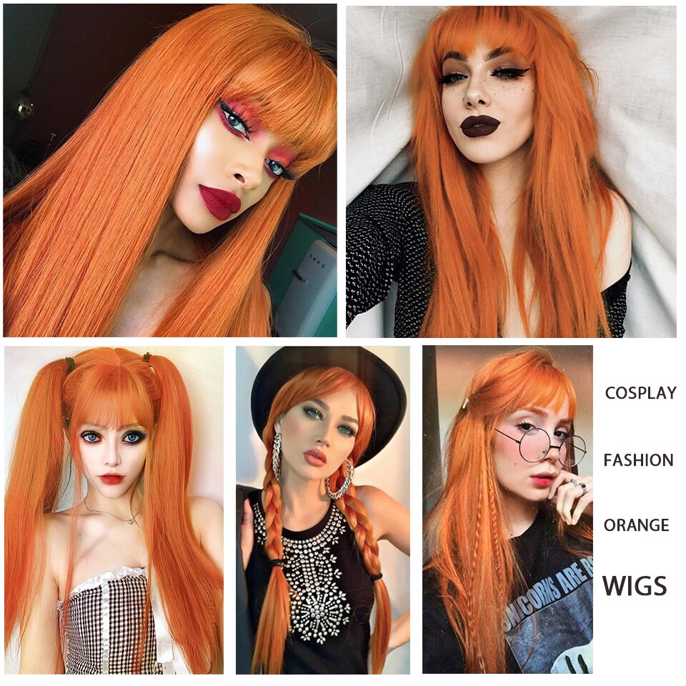 LINGDORA Long Straight Synthetic Copper Ginger Orange Cosplay Wig with Bangs