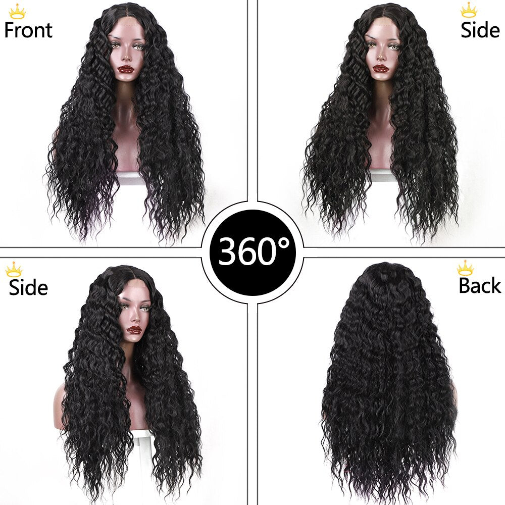 LINGDORA Synthetic Long Curly Black Wigs Natural Middle Part
