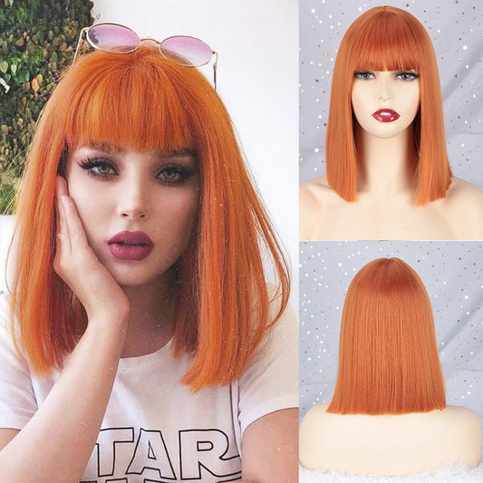 LINGDORA Short Straight Orange Synthetic Wig with Bangs Cosplay