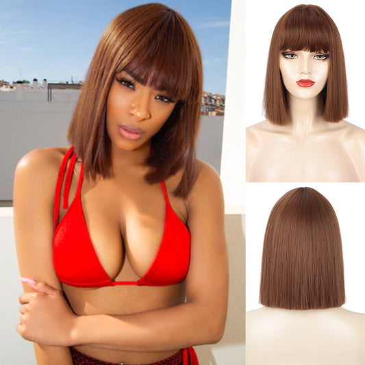 LINGDORA Synthetic Bob Wigs Short Straight Brown Wigs with Bangs
