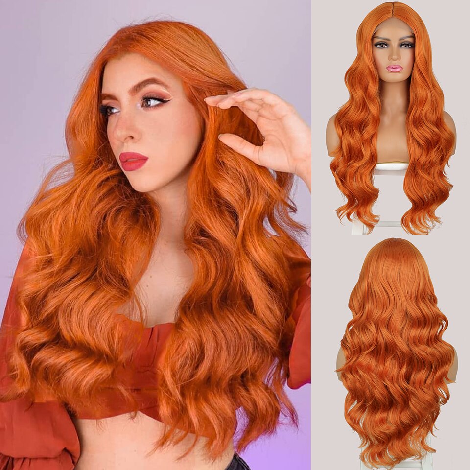 LINGDORA Pink Red Synthetic Long Body Wave Wigs Cosplay Party Halloween