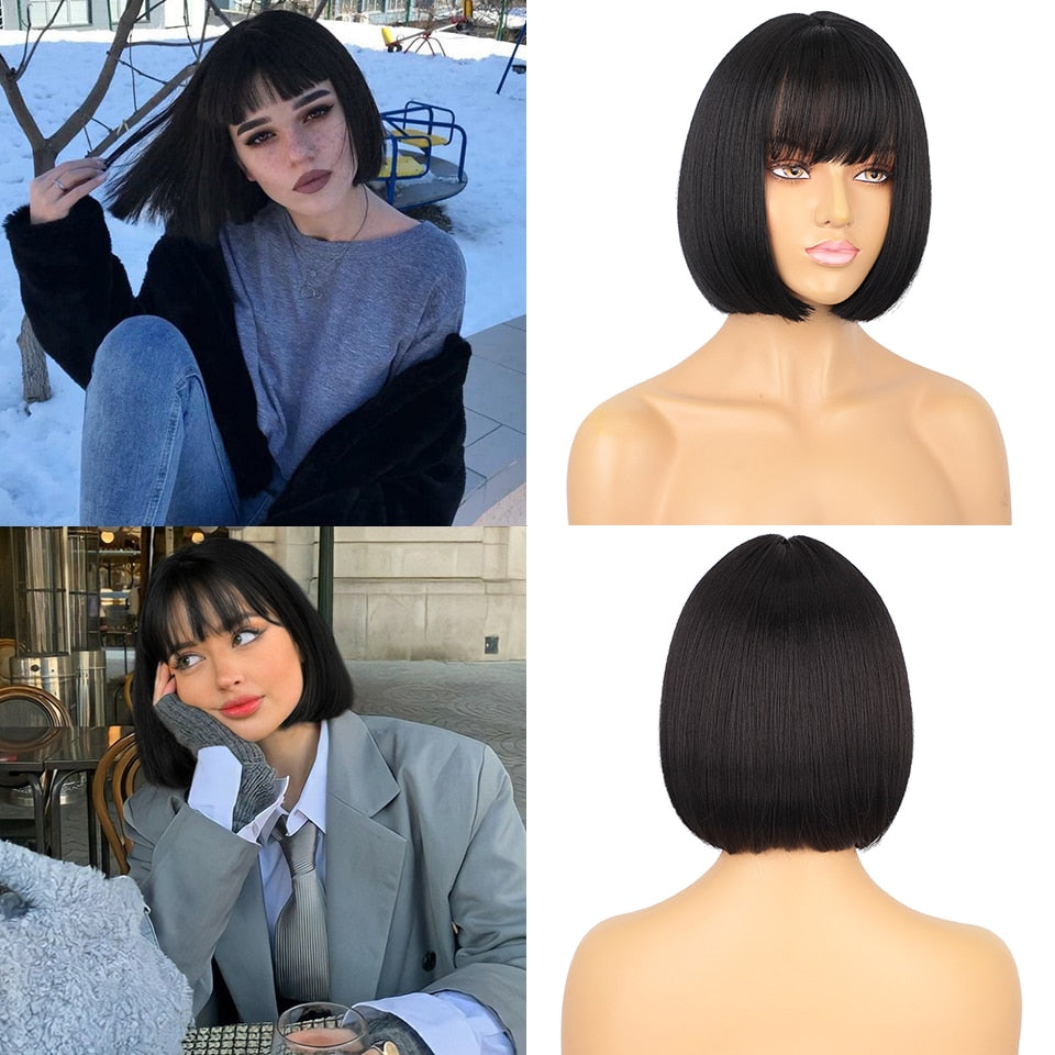 LINGDORA Short Bob Wig with Bangs Synthetic Black Wigs for Women
