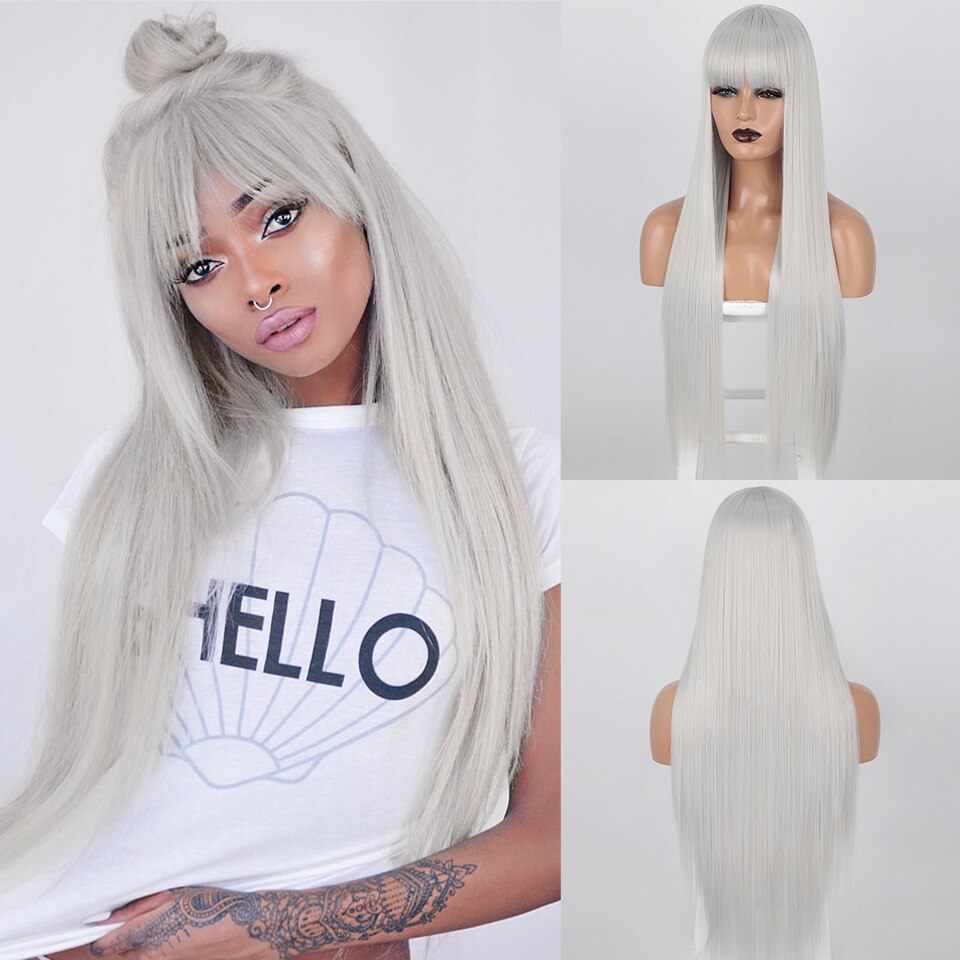 LINGDORA Cosplay Synthetic Long Straight Grey Wig with Bangs