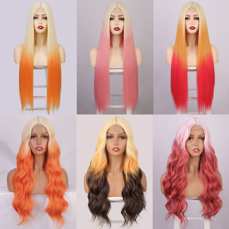 LINGDORA Long Straight Blonde Orange Red Cosplay Wigs