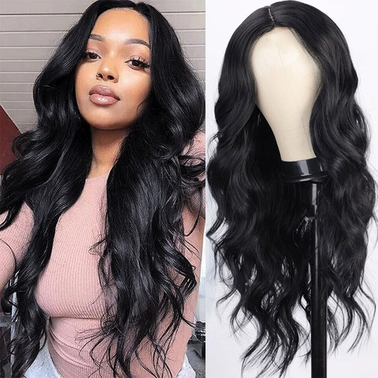 LINGDORA Long Curly Wavy Black Synthetic Wigs for Black Women Middle Part