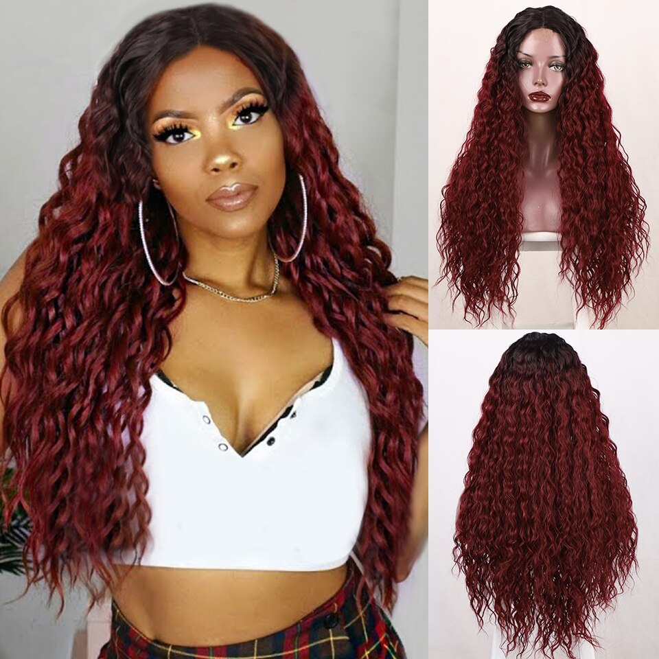 LINGDORA Synthetic Long Curly Black Wigs Natural Middle Part