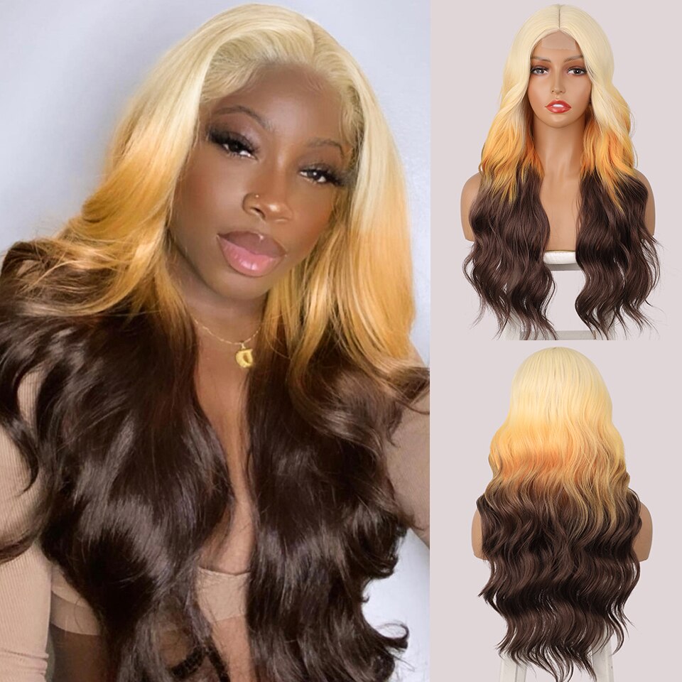 LINGDORA Ombre Blonde Brown Synthetic Long Body Wave Wigs Cosplay Party