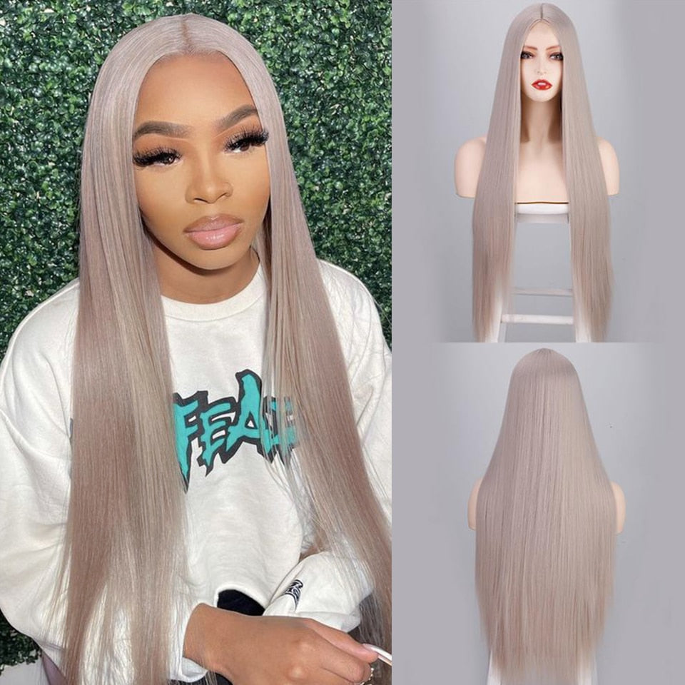 LINGDORA Long Straight Grey Wigs for Women Middle Part Cosplay