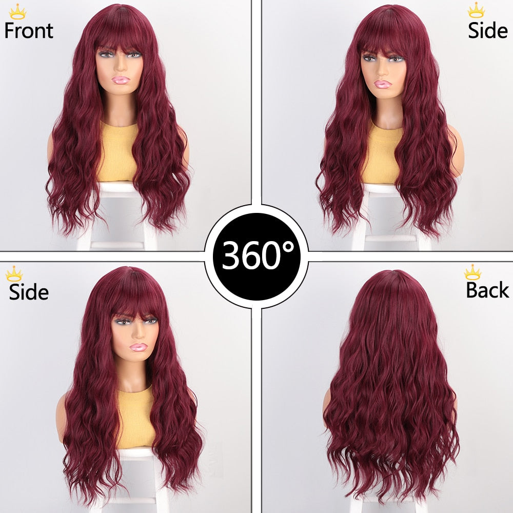 LINGDORA Water Wave Synthetic Long Red Wigs with Bangs for Women