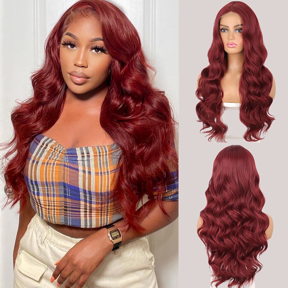 LINGDORA Pink Red Synthetic Long Body Wave Wigs Cosplay Party Halloween