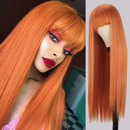 LINGDORA Long Straight Synthetic Copper Ginger Orange Cosplay Wig with Bangs