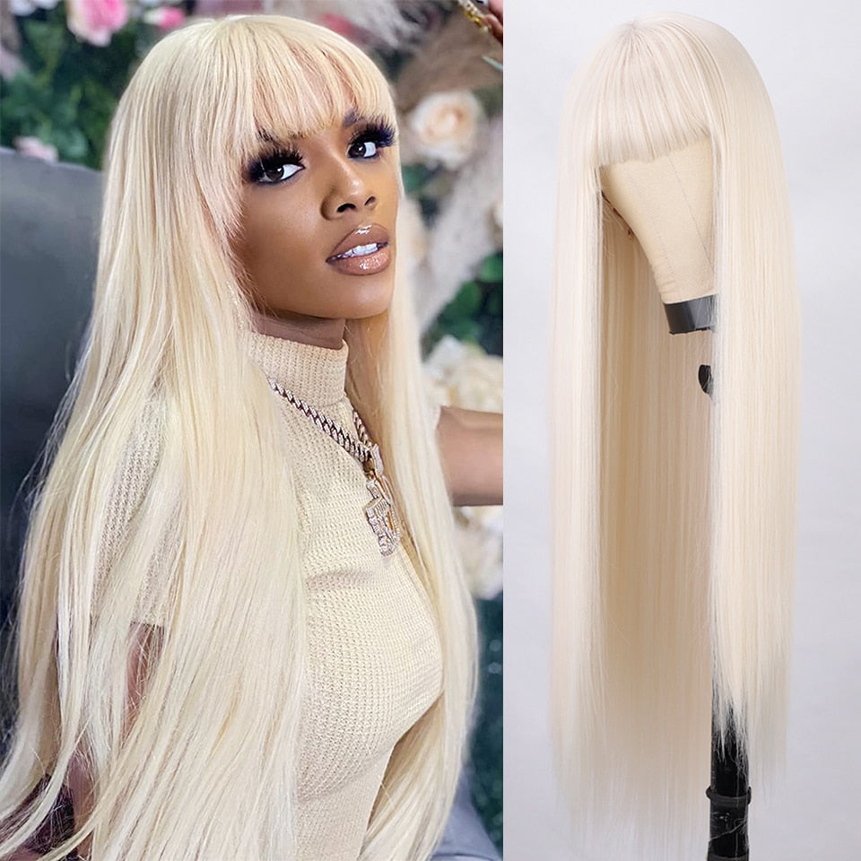 LINGDORA Synthetic Long Straight Blonde Wig with Bangs