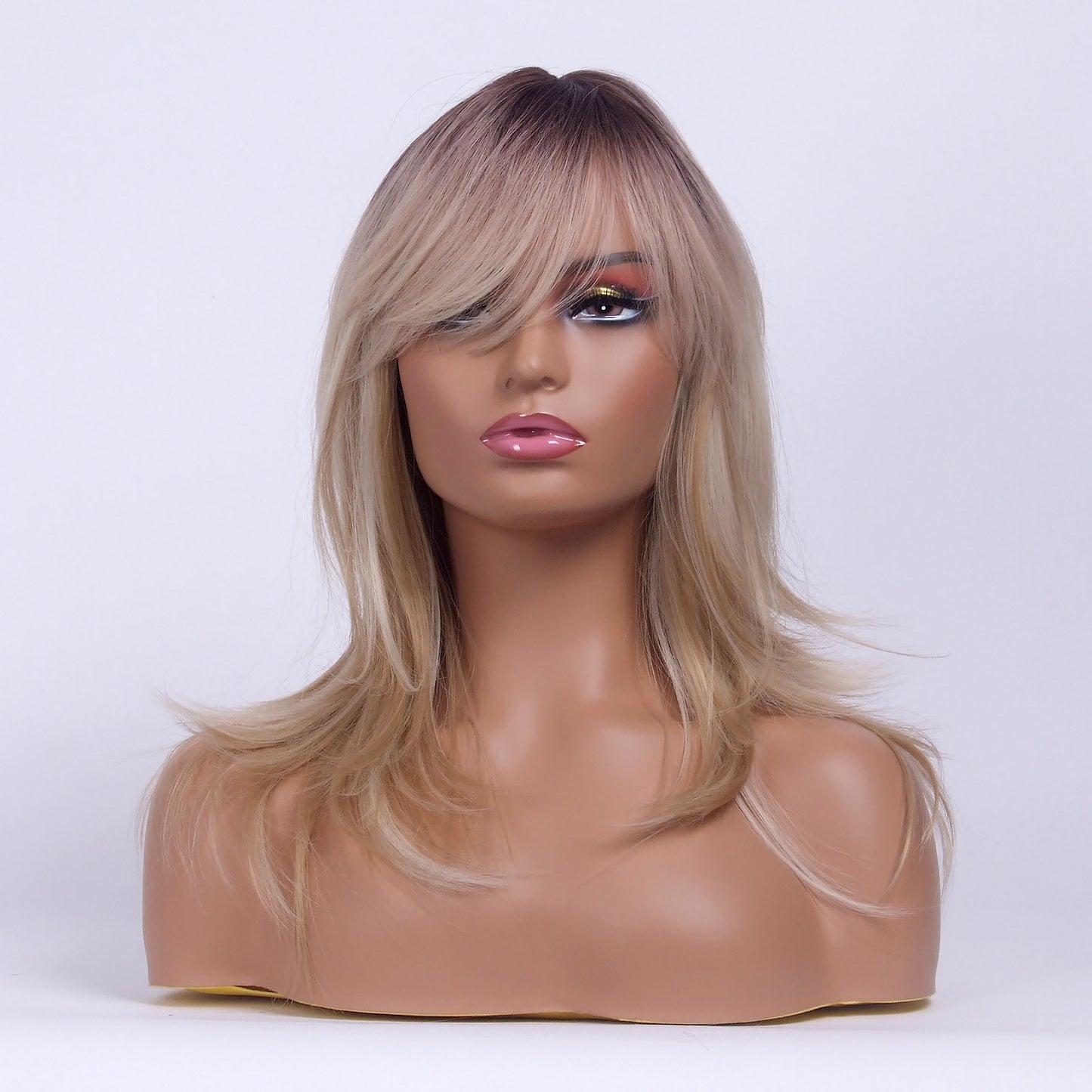 LINGDORA Ombre Blonde Shoulder-Length Wig With Bangs for White Women Natural Looking