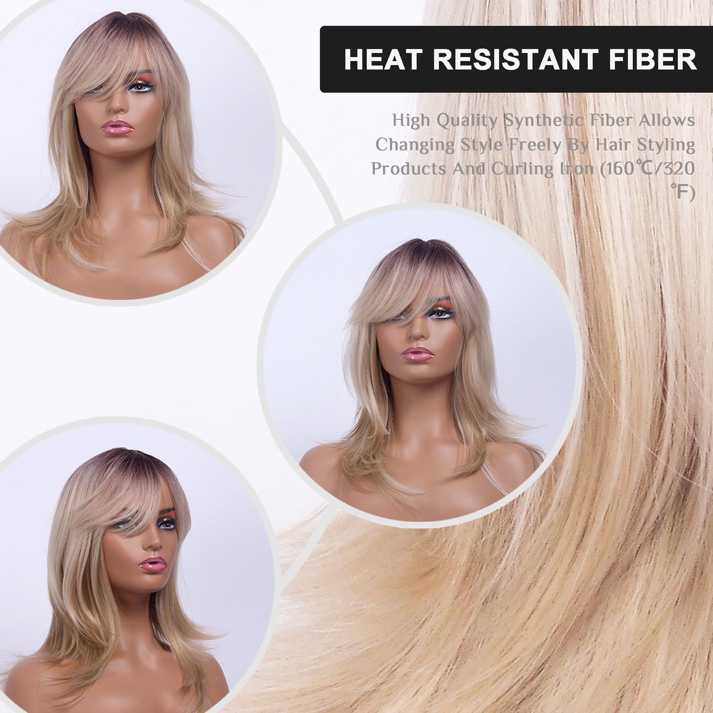 LINGDORA Ombre Blonde Shoulder-Length Wig With Bangs for White Women Natural Looking