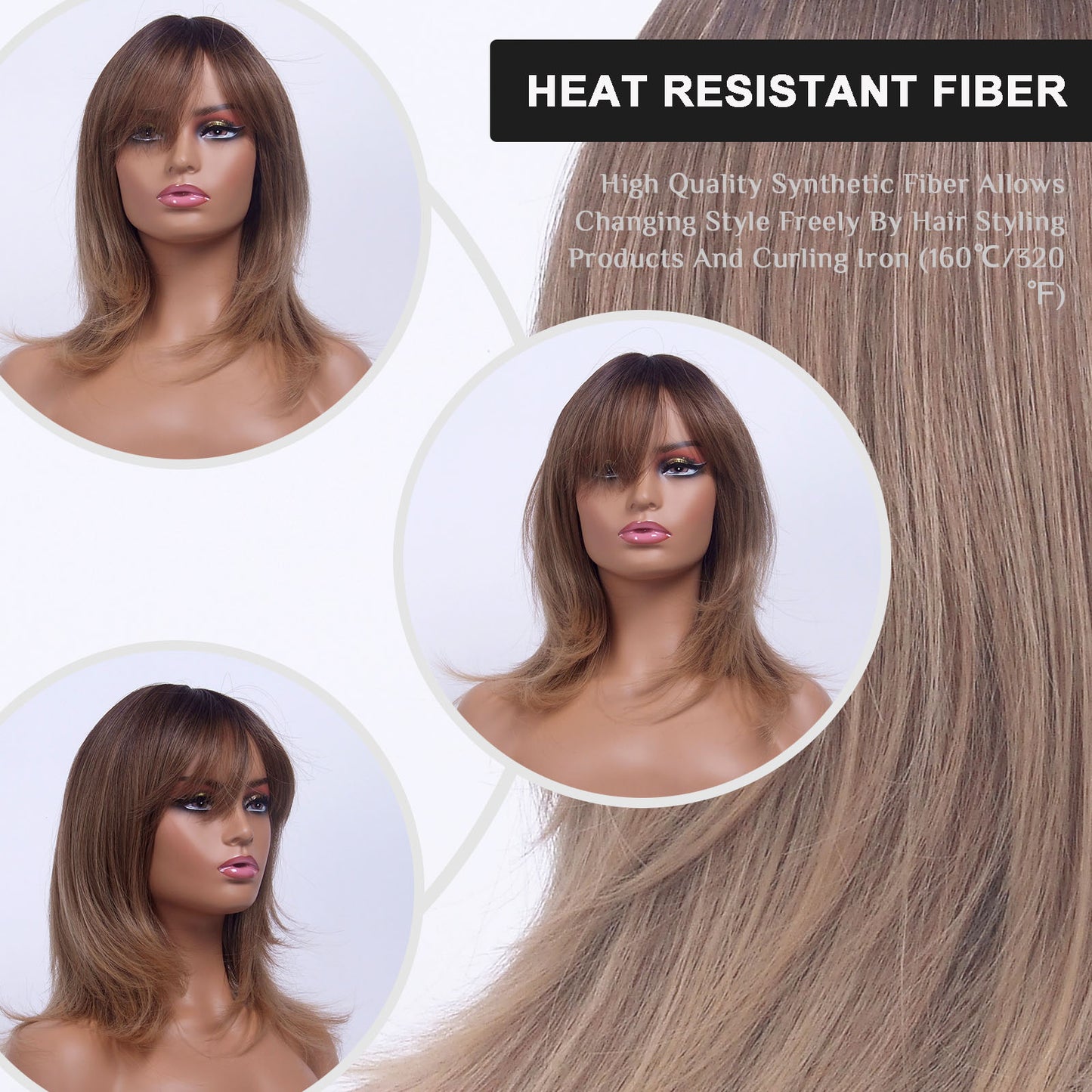 LINGDORA Ombre Brown Shoulder-Length Wig With Bangs for White Women Synthetic Hair