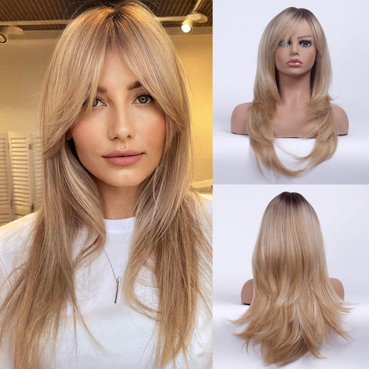 LINGDORA Long Layered Ombre Blonde Wig With Bangs for White Women Synthetic Natural Hair