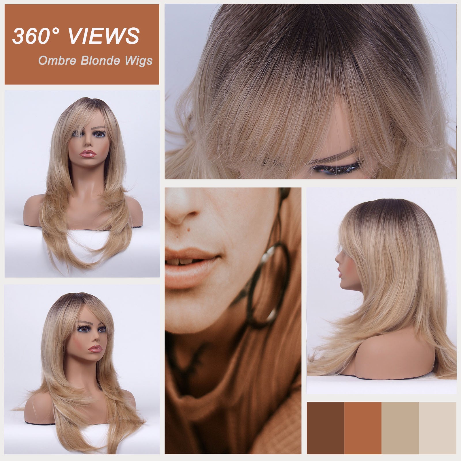 LINGDORA Long Layered Ombre Blonde Wig With Bangs for White Women Synthetic Natural Hair