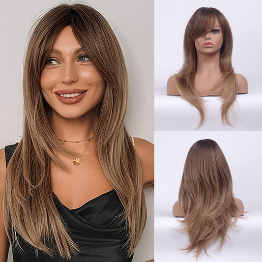 LINGDORA Long Layered Ombre Brown Wig With Bangs for White Women Synthetic Hair Comfortable