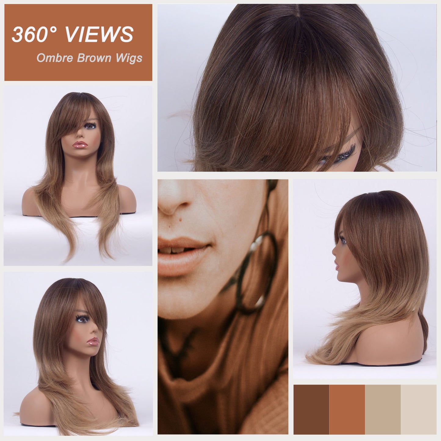 LINGDORA Long Layered Ombre Brown Wig With Bangs for White Women Synthetic Hair Comfortable