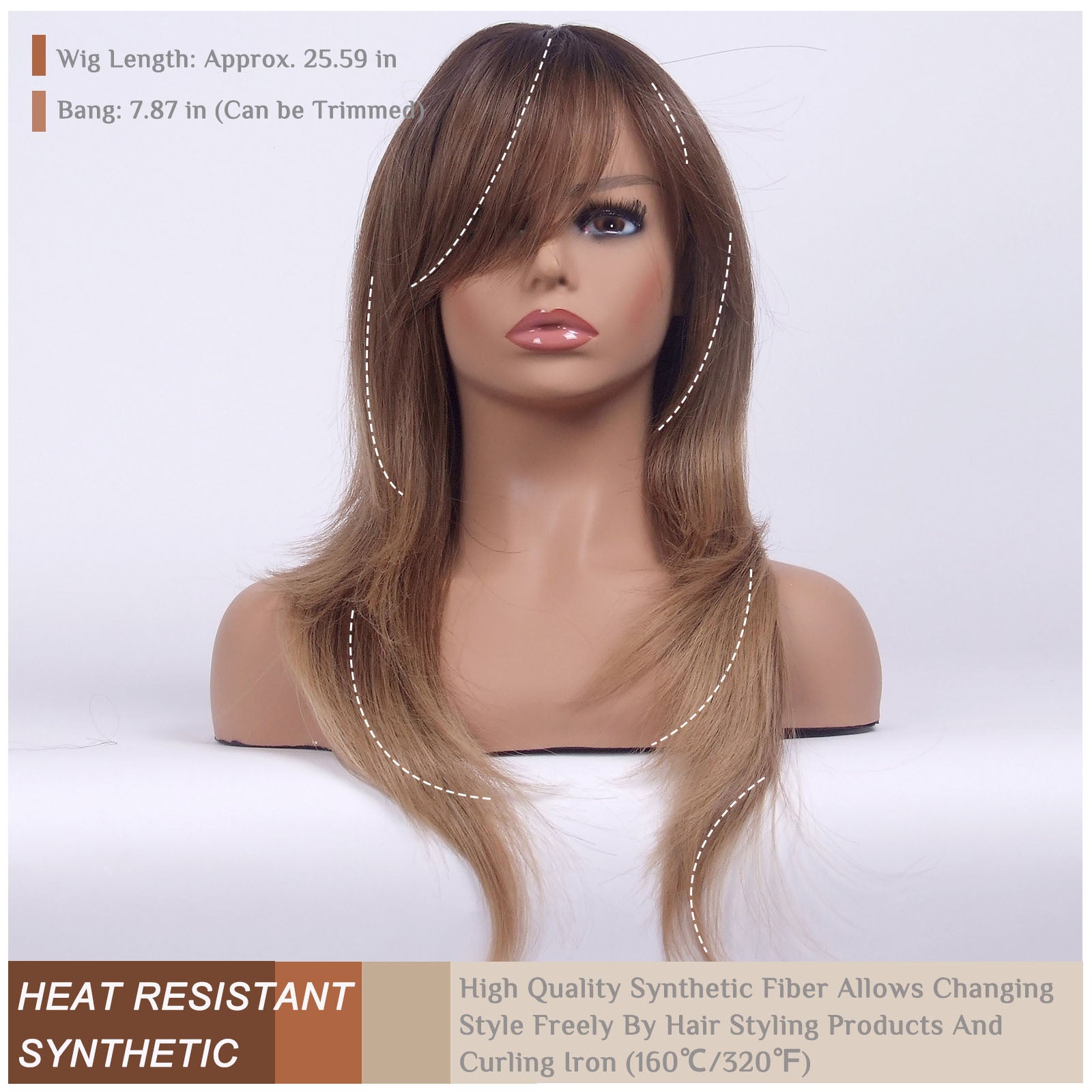 LINGDORA Long Layered Ombre Brown Wig With Bangs for White Women Synthetic Hair Comfortable