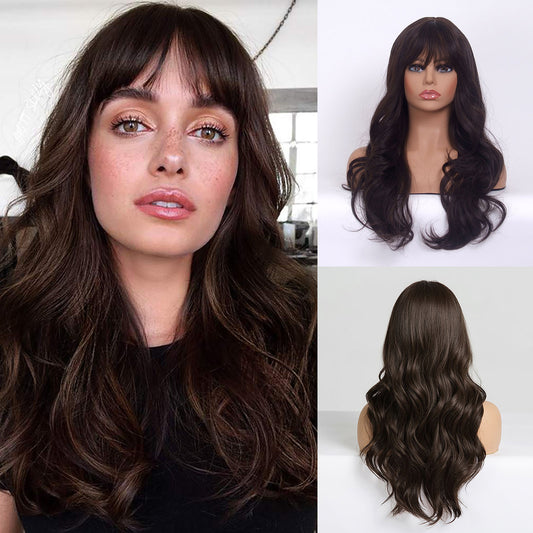 LINGDORA Long Curly Wavy Dark Brown Wig with Bangs for White Women Synthetic Hair