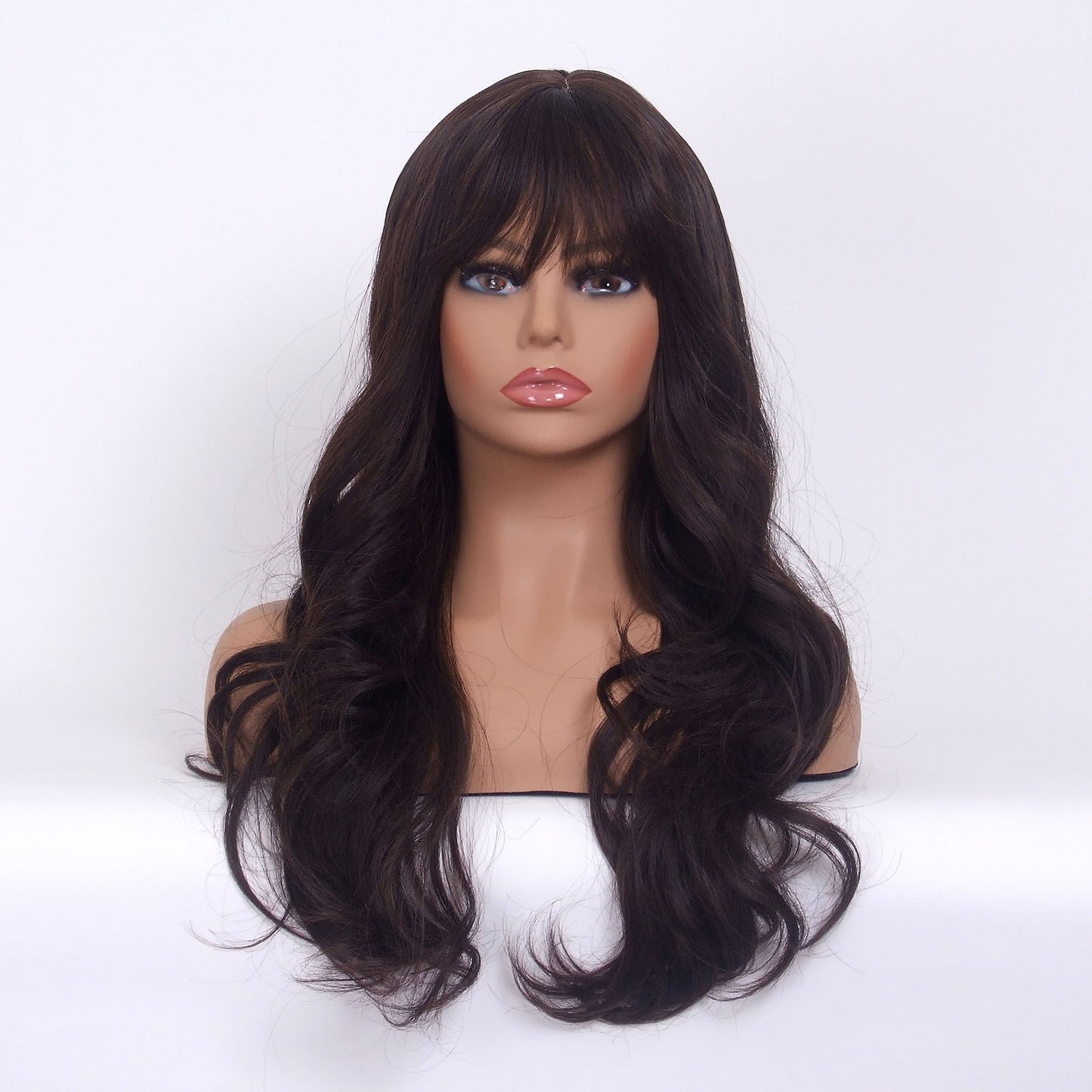 LINGDORA Long Curly Wavy Dark Brown Wig with Bangs for White Women Synthetic Hair