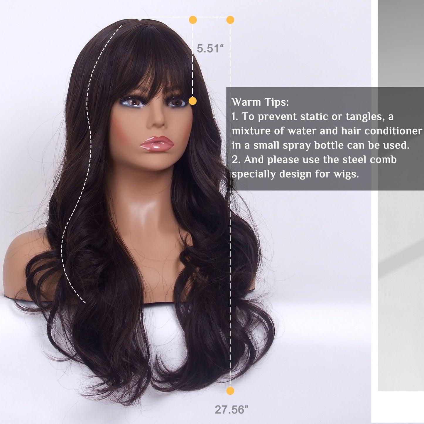 LINGDORA Long Curly Wavy Dark Brown Wig with Bangs for White Women Synthetic Hair