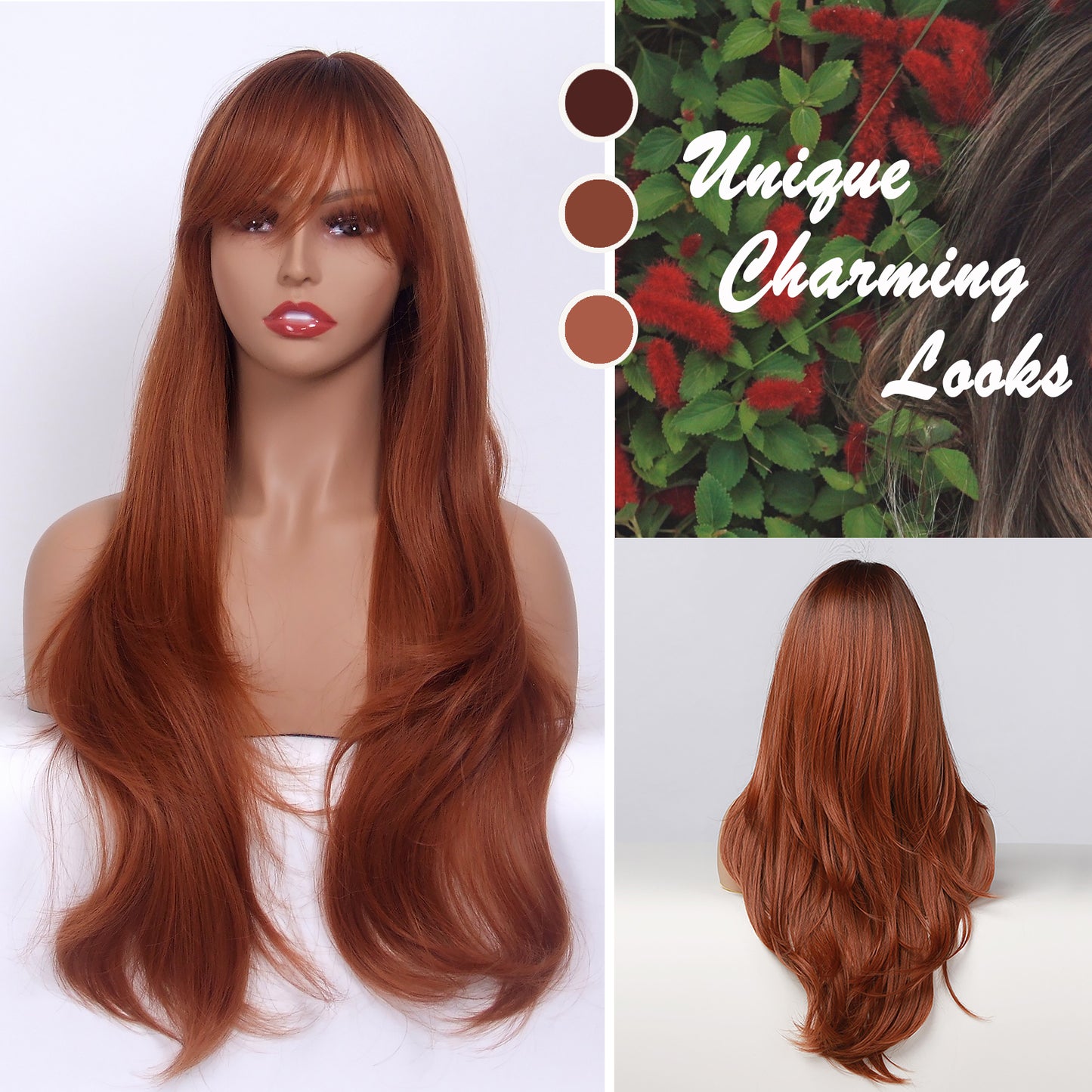 LINGDORA Long Ginger Orange Wavy Wig with Bangs for Women Natural Curly Hair Synthetic Silky