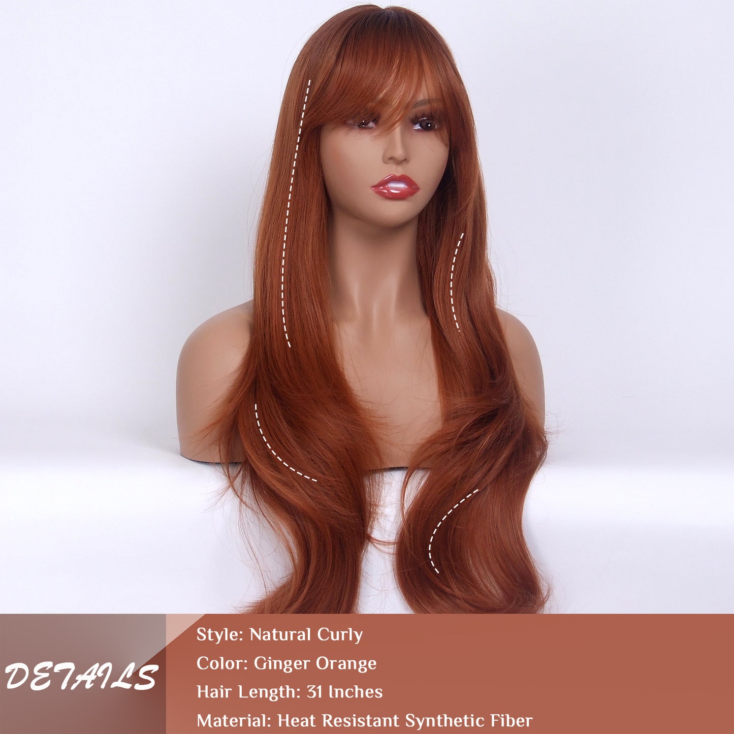 LINGDORA Long Ginger Orange Wavy Wig with Bangs for Women Natural Curly Hair Synthetic Silky