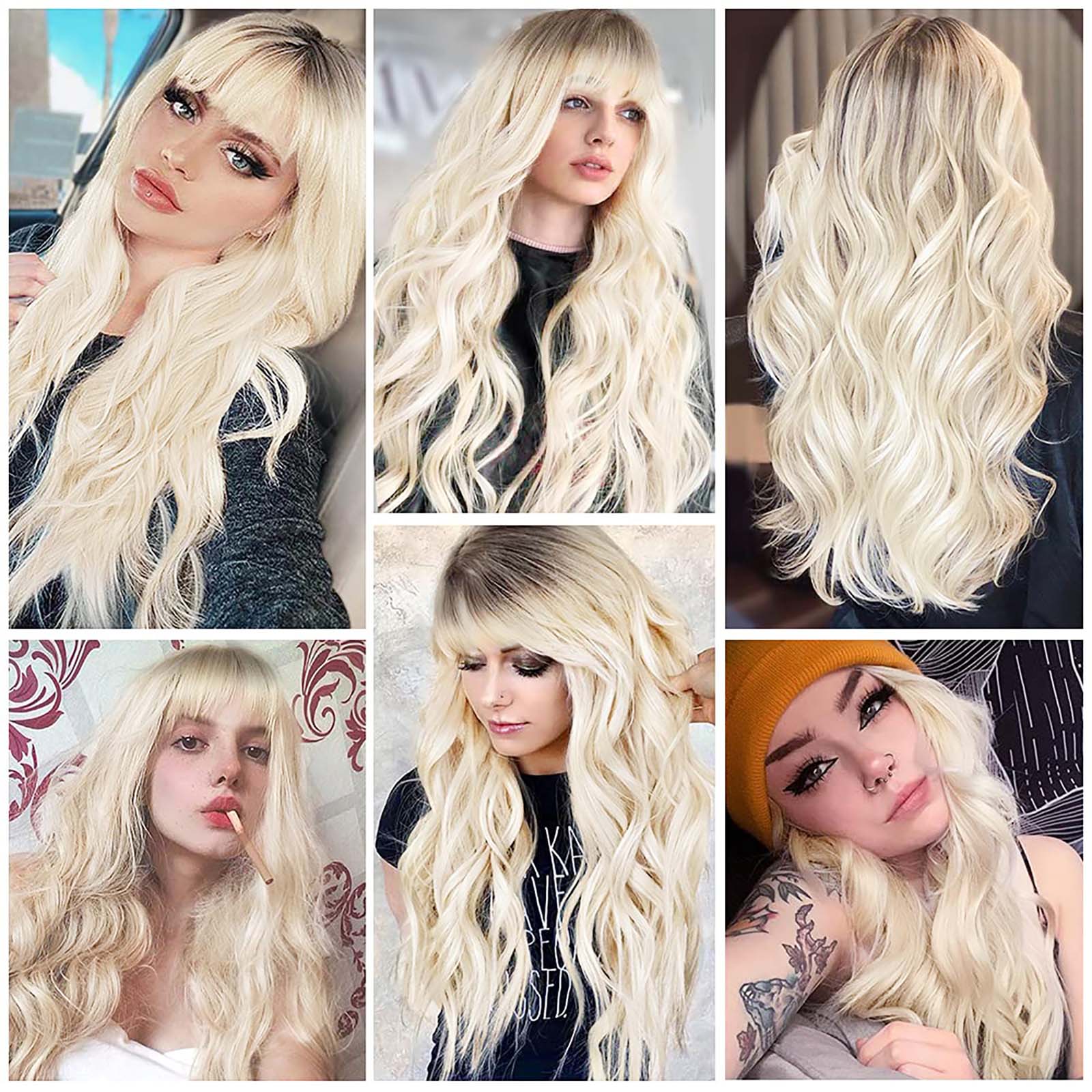 LINGDORA Long Ombre Platinum Blonde Water Curly Wig with Bangs for Women Fashion Charming Wavy Hair