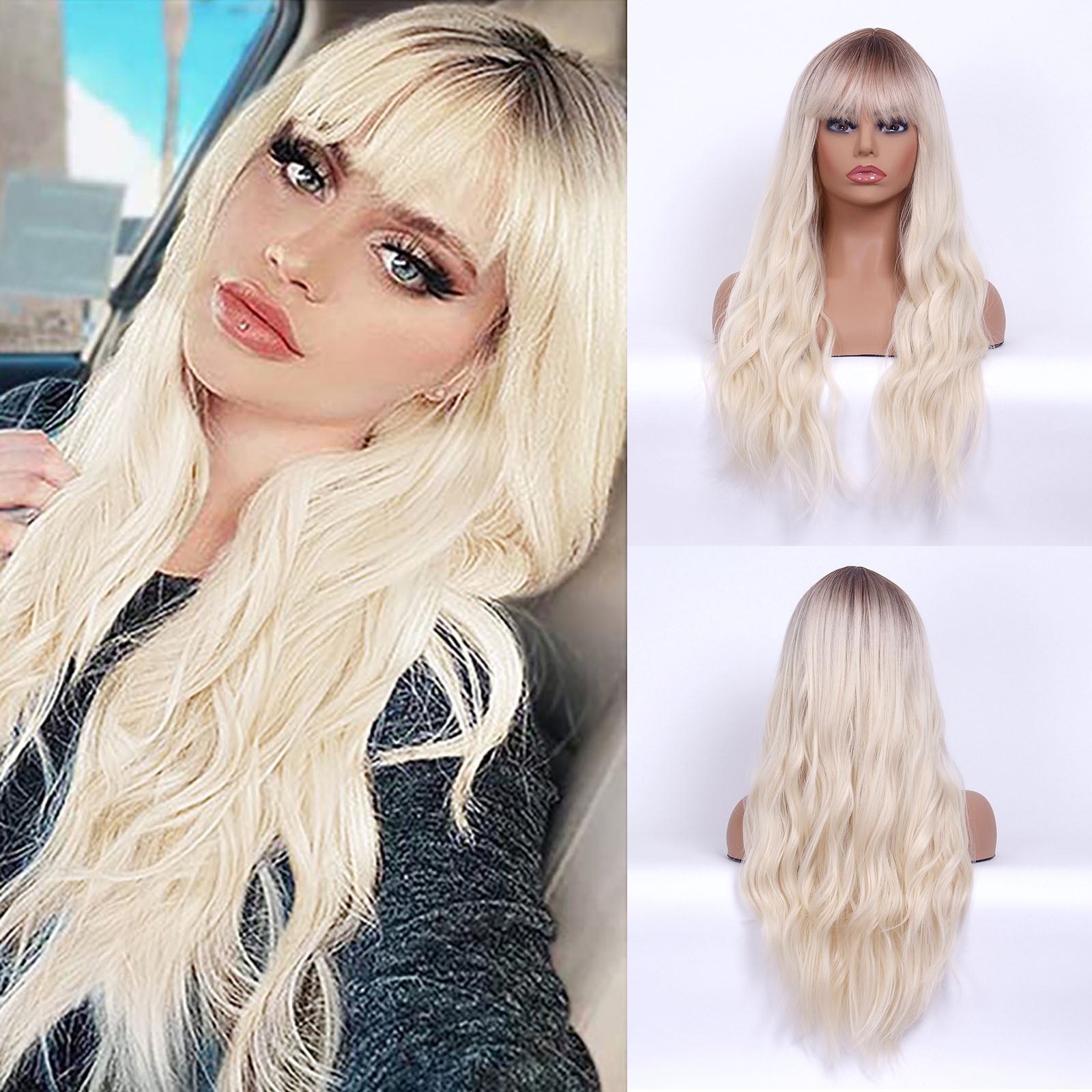 LINGDORA Long Ombre Platinum Blonde Water Curly Wig with Bangs for Women Fashion Charming Wavy Hair