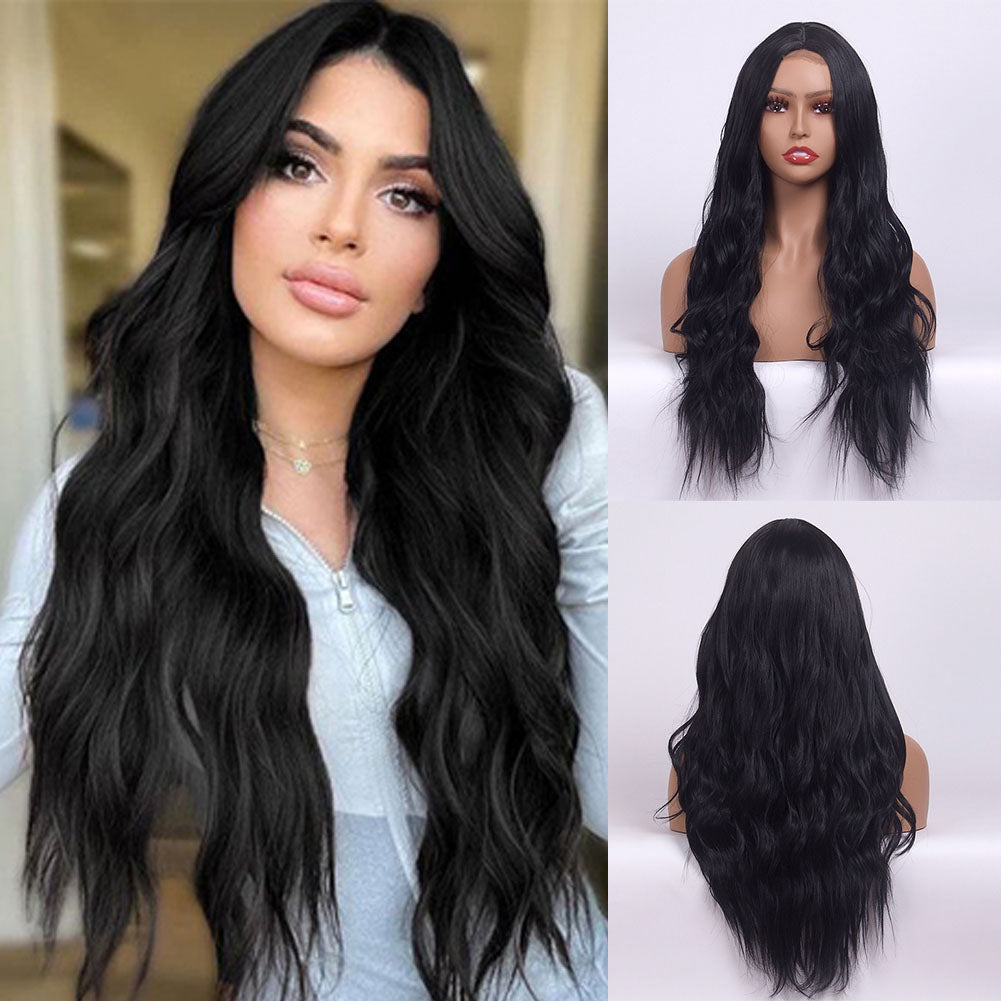 LINGDORA Long Black Wavy Middle Part Wig for Women Fashion Curly Hair Small Lace Front