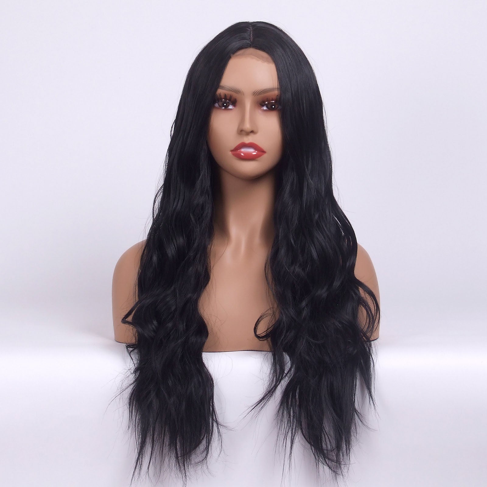 LINGDORA Long Black Wavy Middle Part Wig for Women Fashion Curly Hair Small Lace Front
