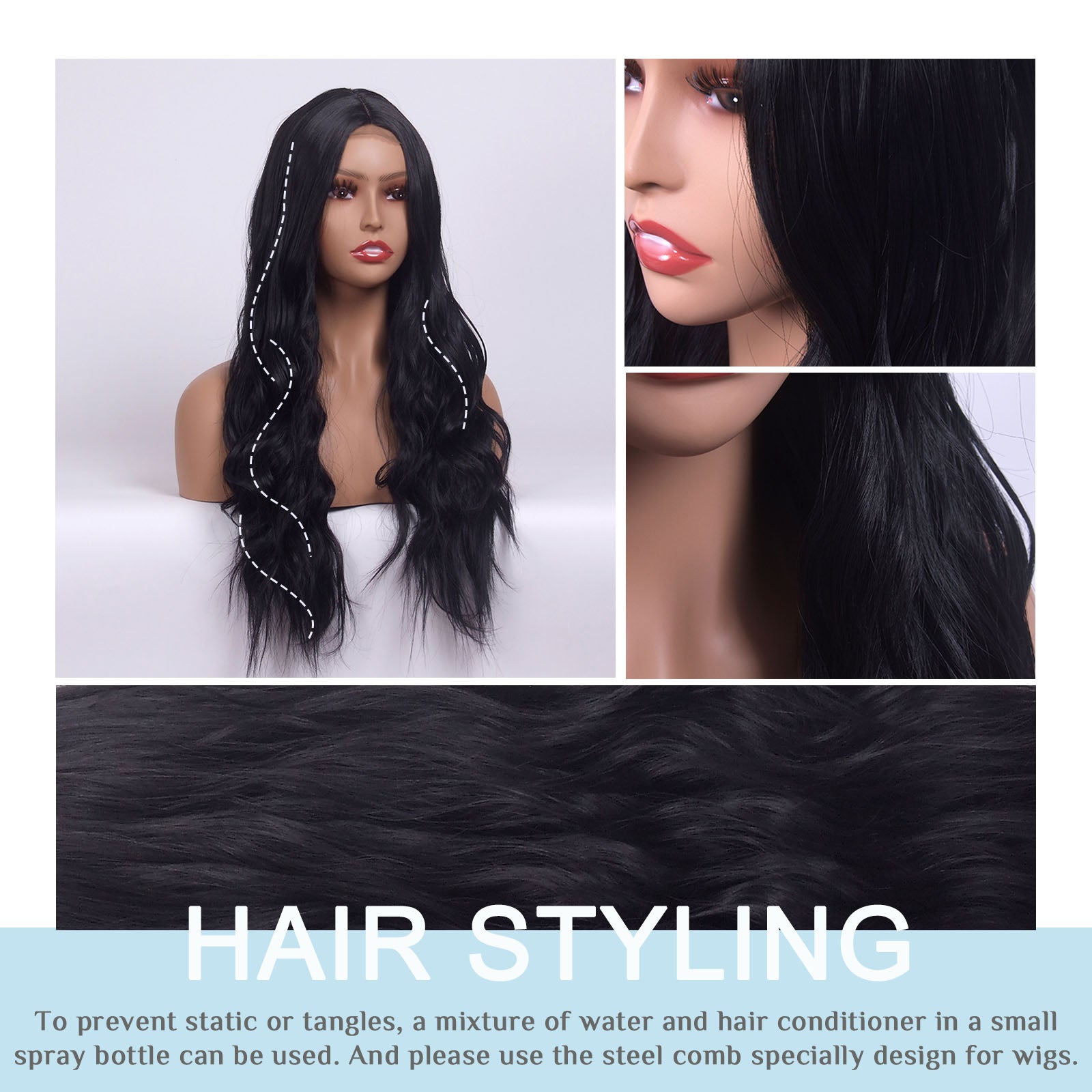 LINGDORA Long Black Wavy Middle Part Wig Fashion Curly Hair