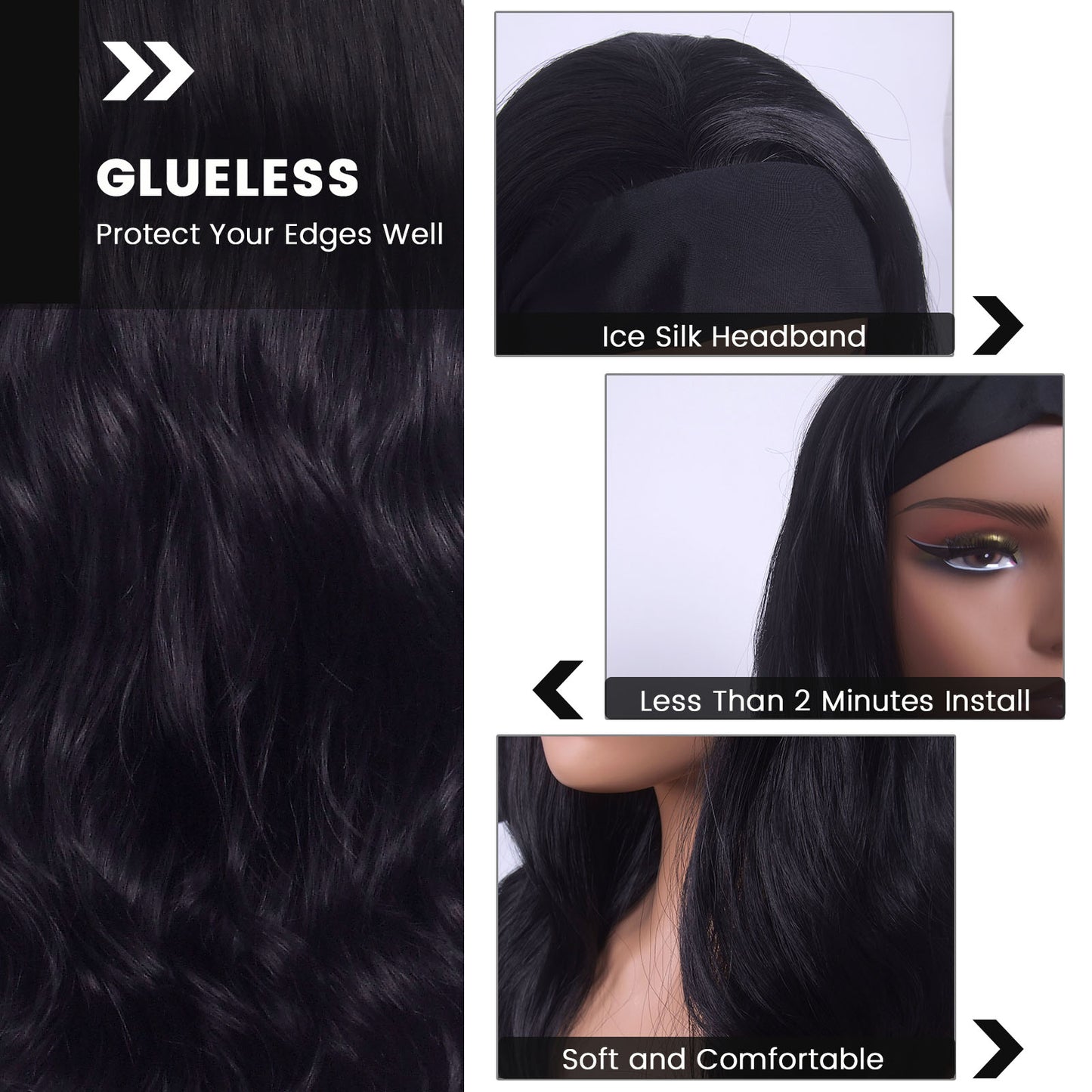 LINGDORA Black Long Curly Wig Headband for Women Synthetic Fashion Wavy Hair Comfortable