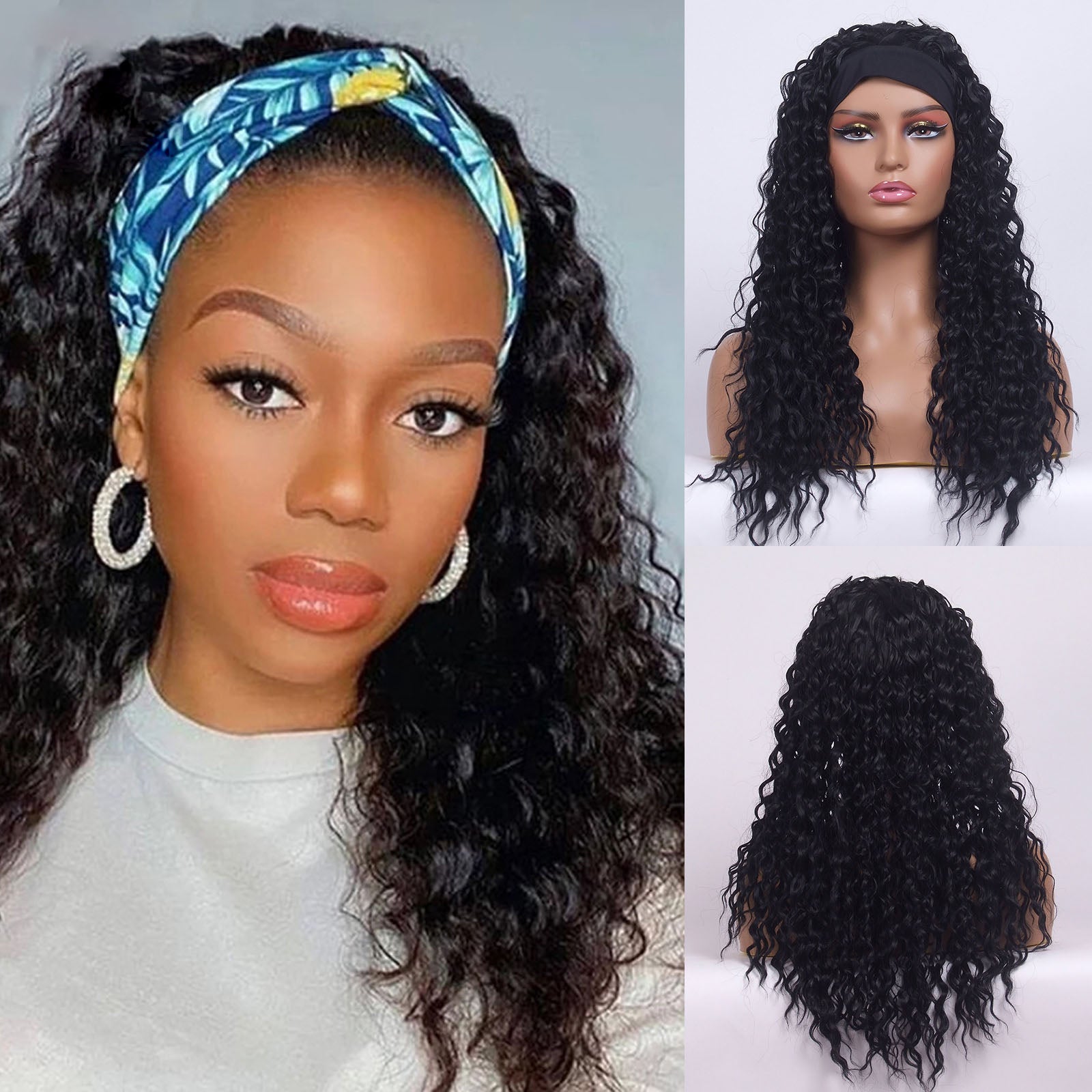 LINGDORA Long Kinky Curly Glueless Headband Wigs for Black Women Natural Looking High Density